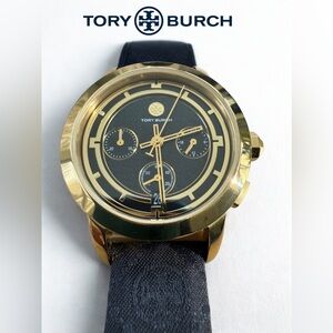 TORY BURCH “The Tory” Chronograph Watch - Gold & Black T-Monogram Strap w/ 🎁 Box